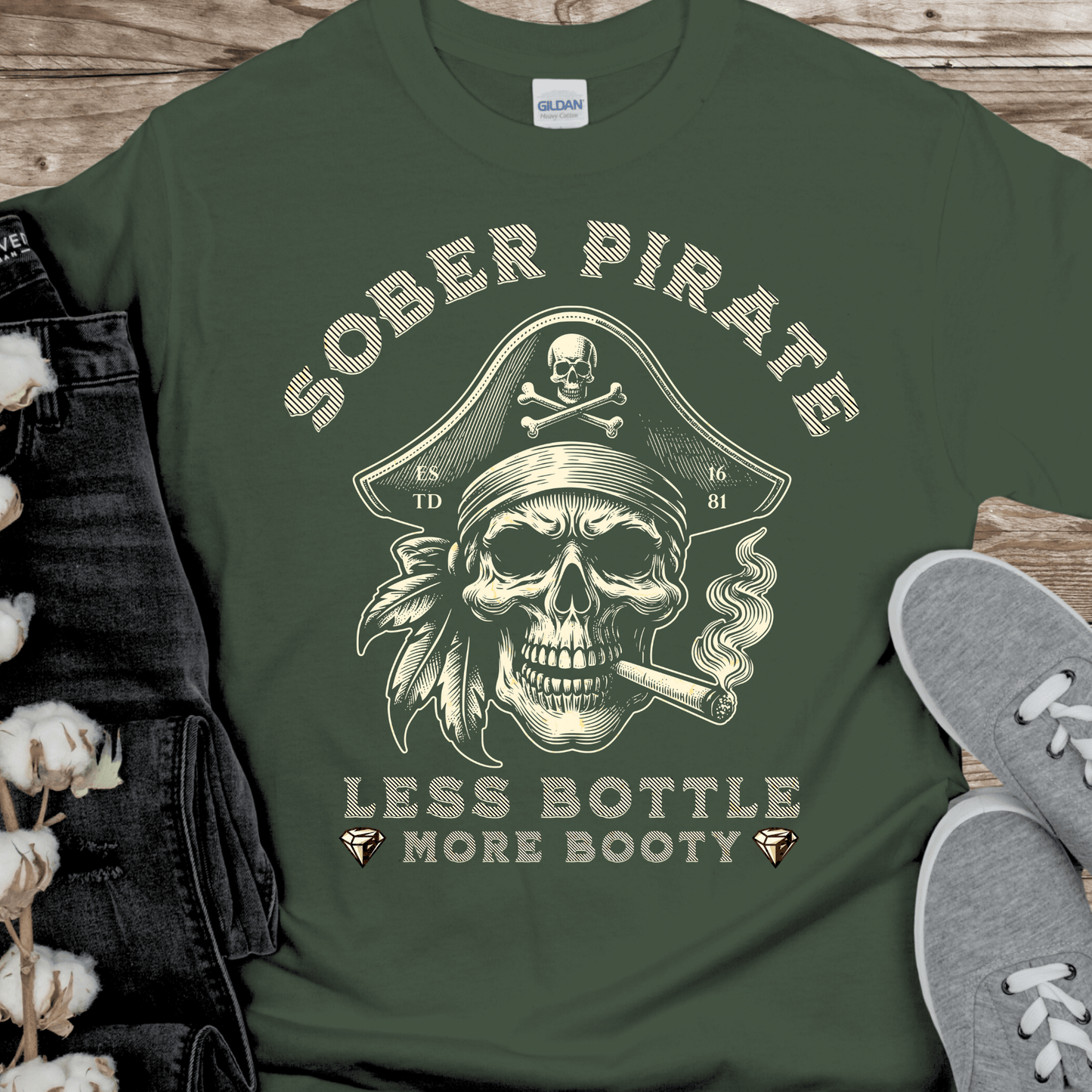 Custom Recovery T-Shirt | Inspiring Sobriety | Sober Pirate - Less Bottle More Booty