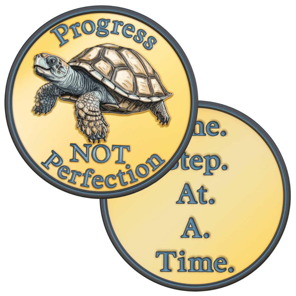 Recovery Medallion Coin I Inspiring Sobriety I Progress Not Perfection Turtle