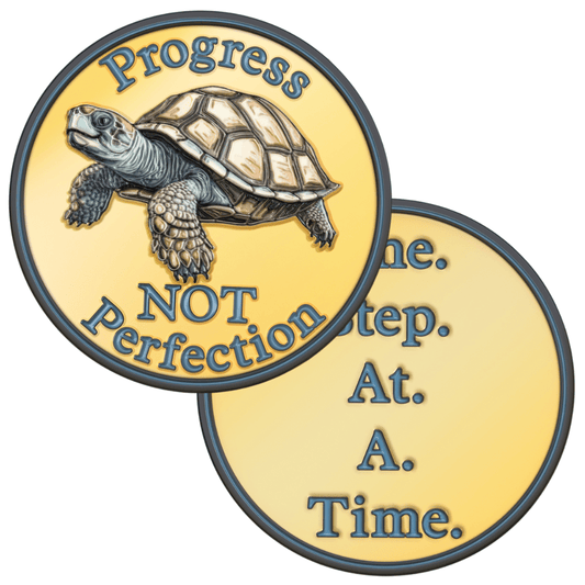 Recovery Medallion Coin I Inspiring Sobriety I Progress Not Perfection Turtle