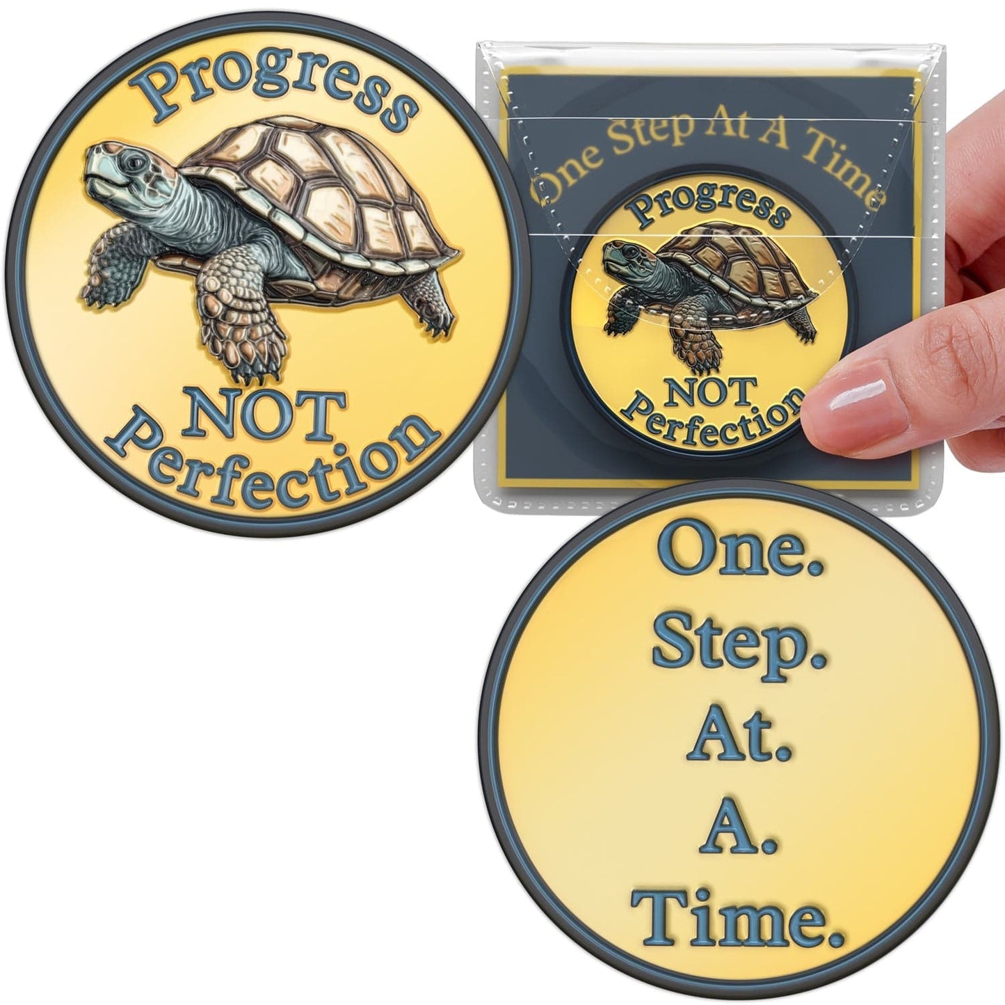 Recovery Medallion Coin I Inspiring Sobriety I Progress Not Perfection Turtle