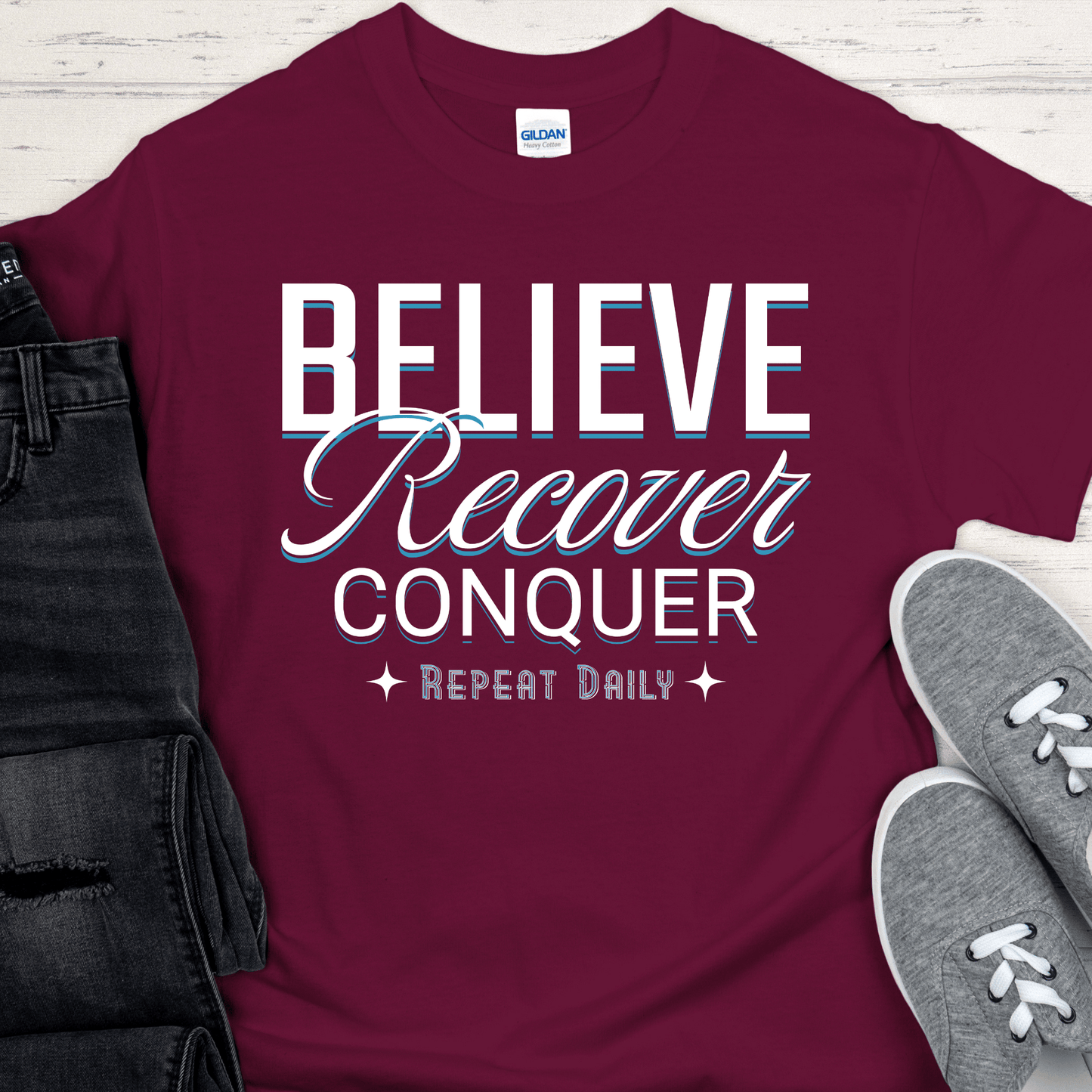 Recovery T-Shirt | Inspiring Sobriety | Believe, Recover, Conquer