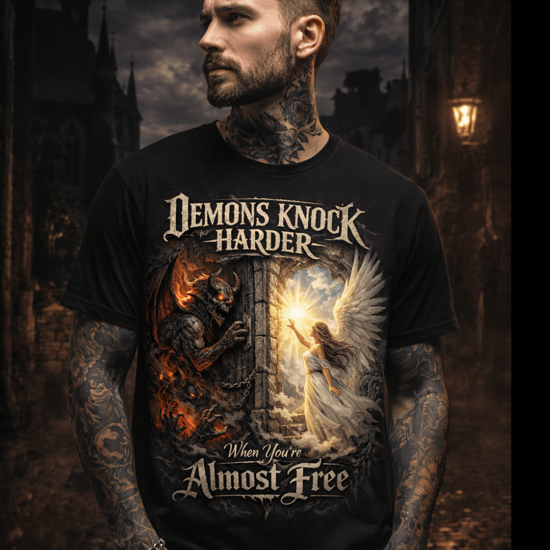 Recovery T-Shirt | Inspiring Sobriety | Demons Knock Harder When You're Almost Free