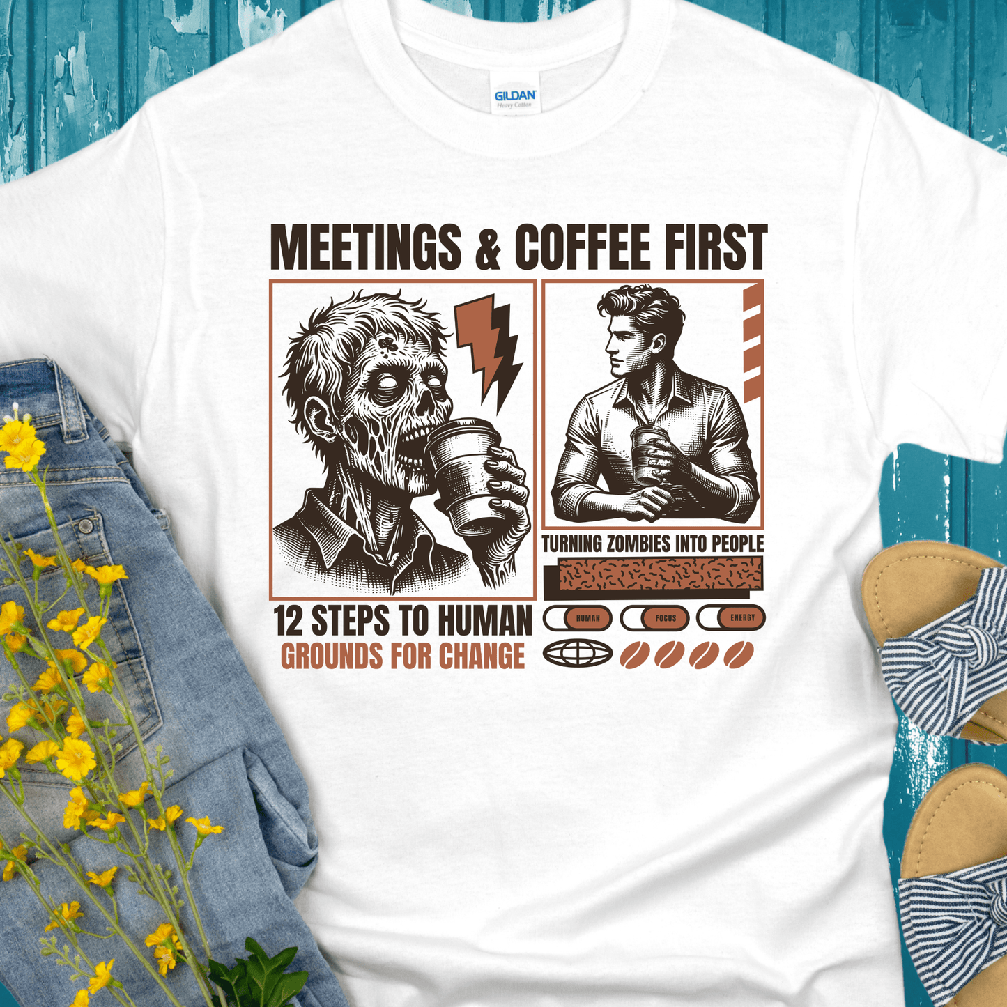 Recovery T-Shirt | Inspiring Sobriety | Meetings and Coffee First
