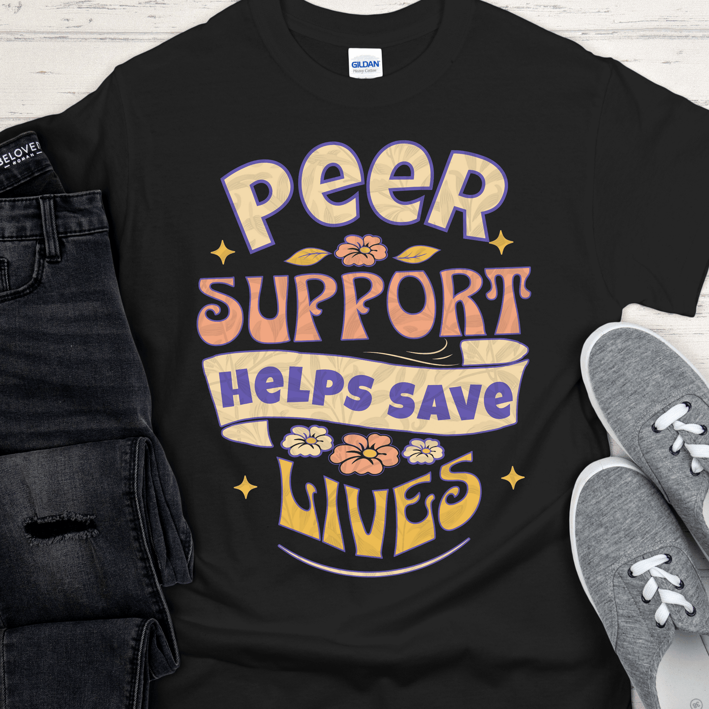 Recovery T-Shirt | Inspiring Sobriety | Peer Support Saves Lives (Retro)