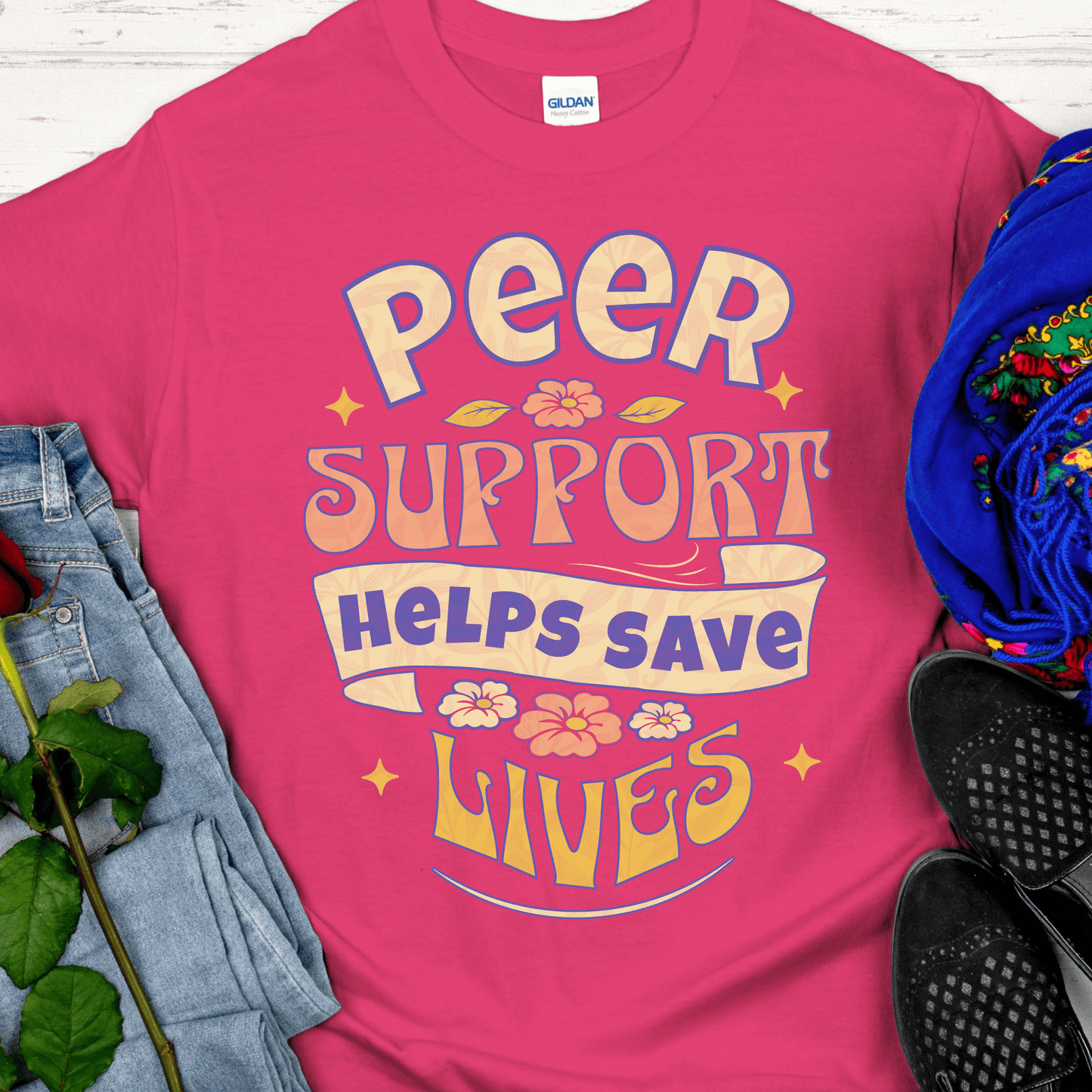 Recovery T-Shirt | Inspiring Sobriety | Peer Support Saves Lives (Retro)