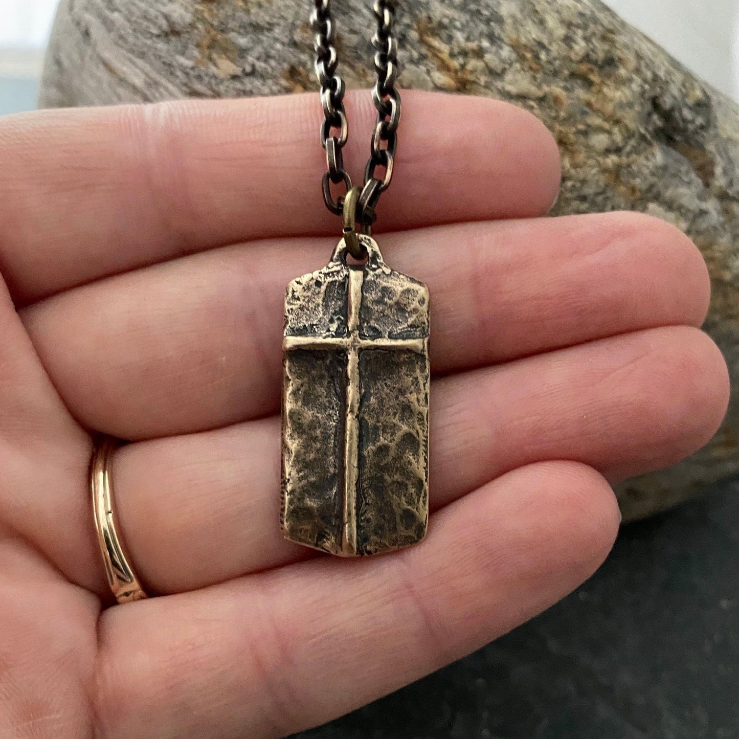 Bronze "The Lord's Prayer" and Ancient Cross Pendant w/ Brass Necklace | Inspiring Sobriety