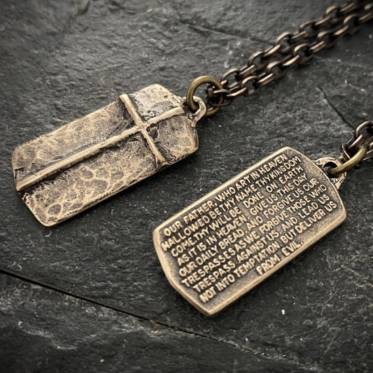 Bronze "The Lord's Prayer" and Ancient Cross Pendant w/ Brass Necklace | Inspiring Sobriety