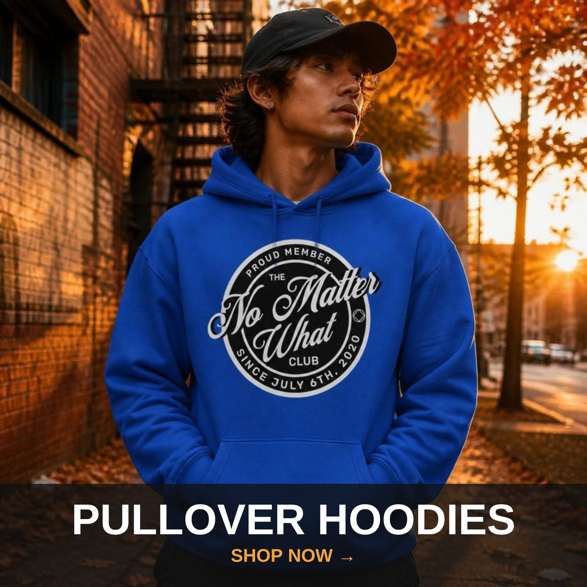 Pullover recovery hoodies collection - man in No Matter What Club hoodie at fall sunset