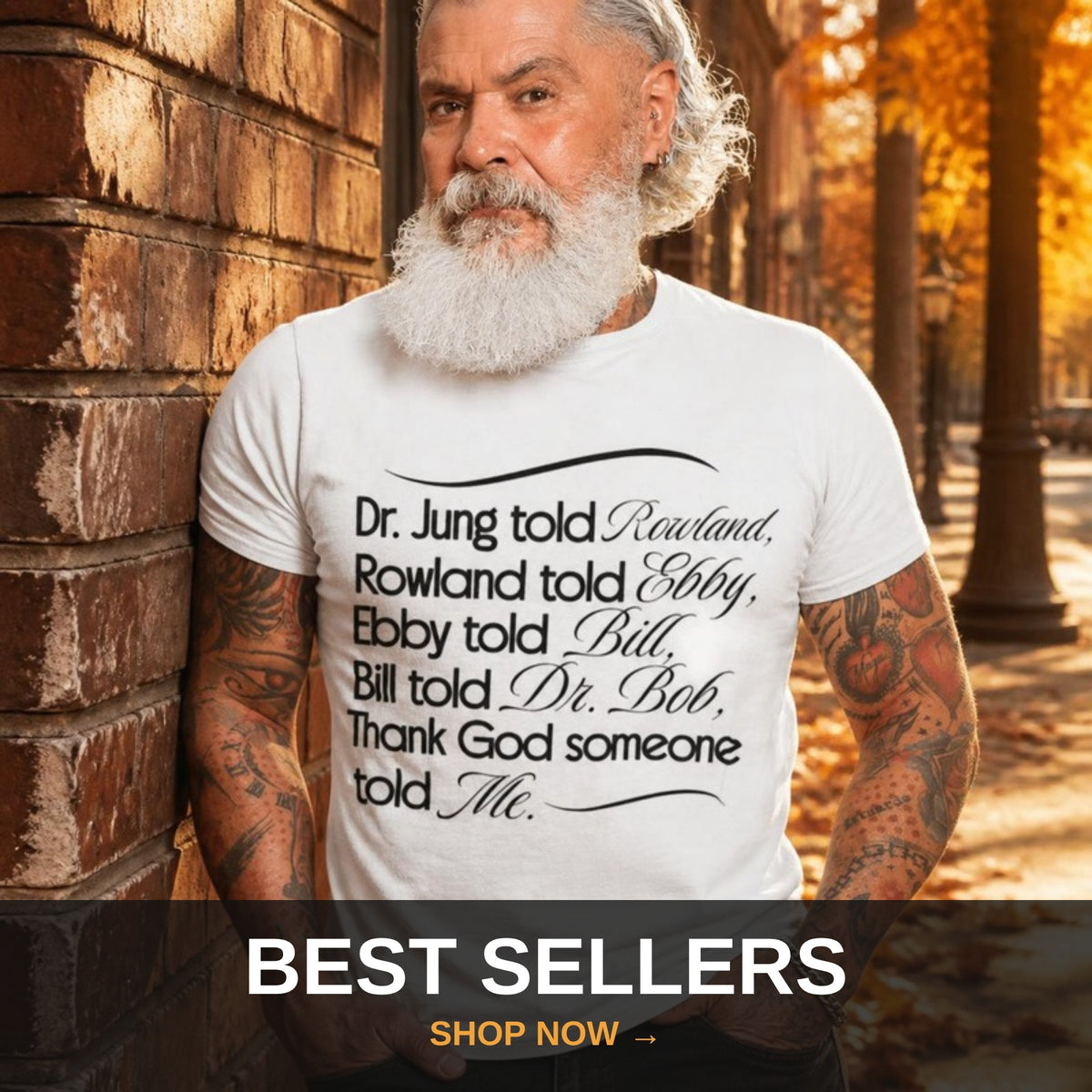 Best selling recovery apparel - man in Bill Told Dr. Bob tee at fall sunset