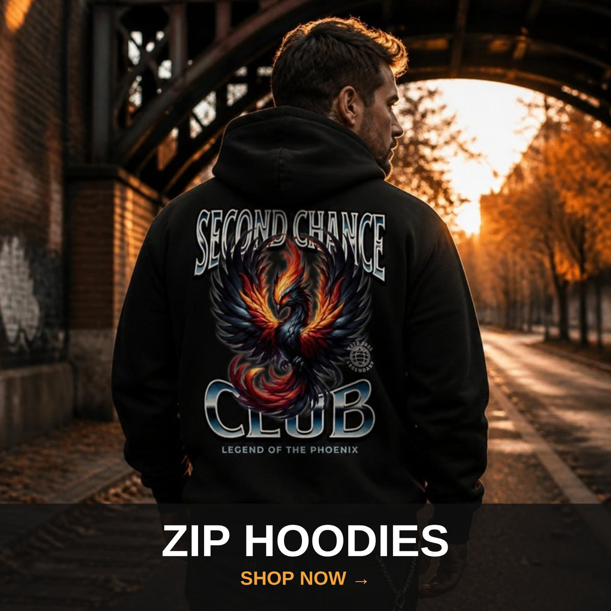 Zip recovery hoodies collection - rear view of Second Chance Club zip hoodie at fall sunset