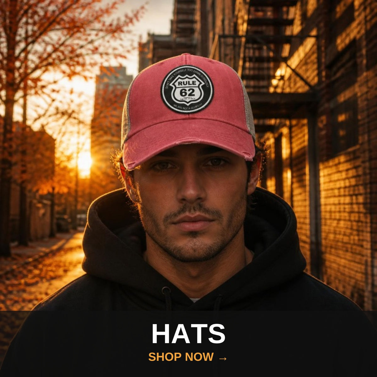 Recovery hats collection - man in Rule 62 distressed cap at fall sunset