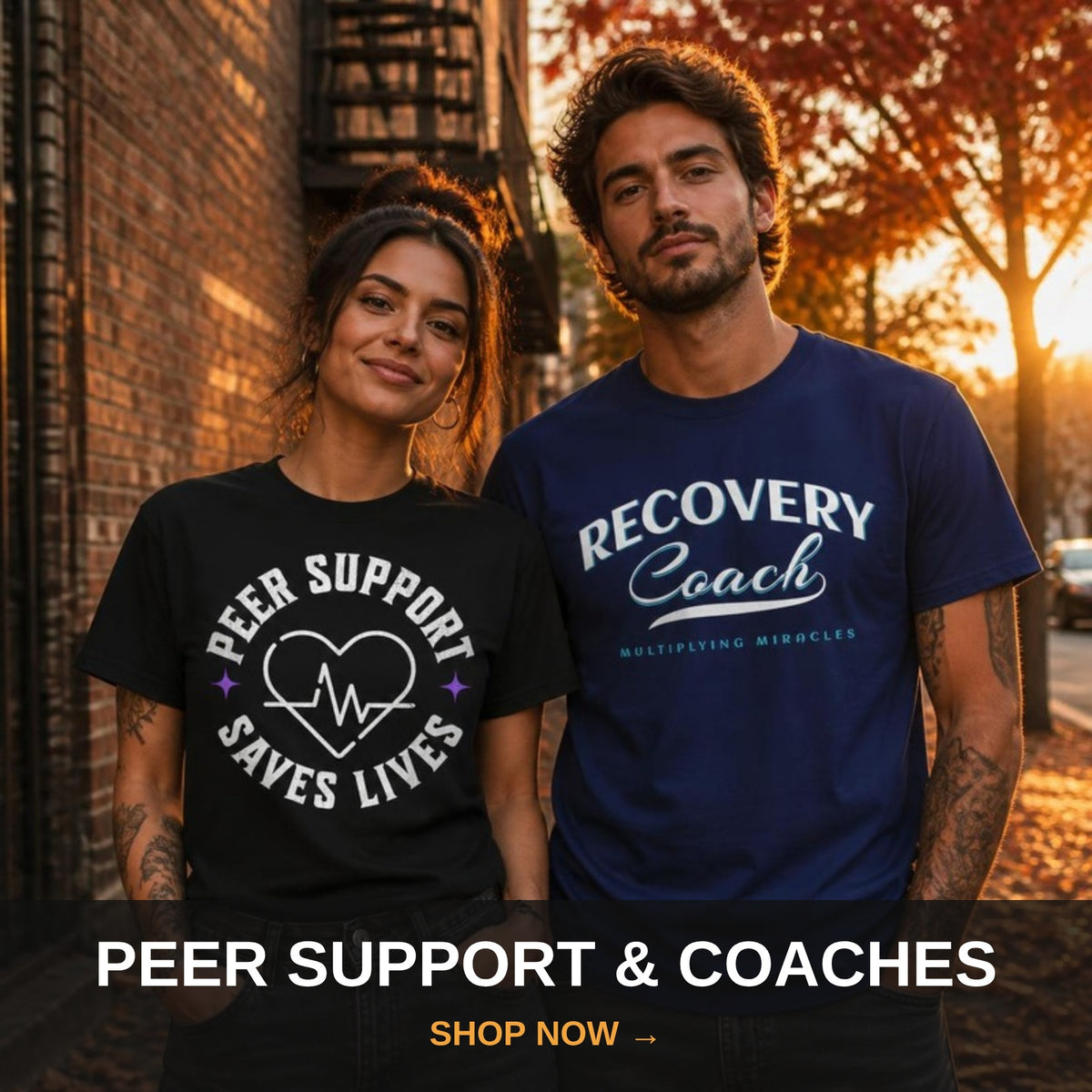 Peer support and recovery coach apparel - Peer Support Saves Lives and Recovery Coach tees at fall sunset