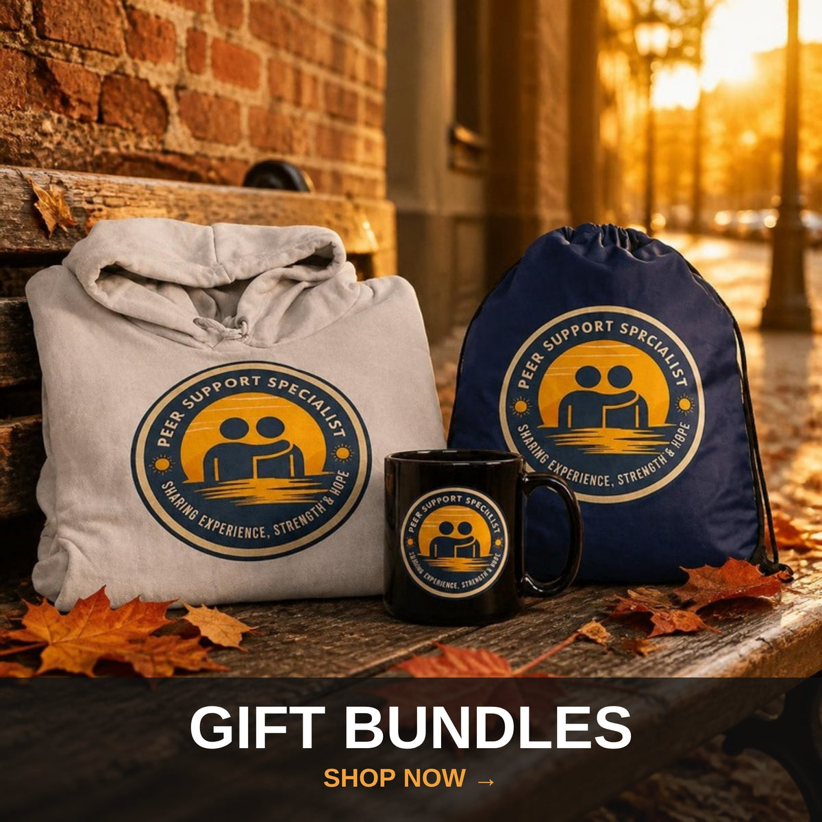 Sobriety gift bundles - Peer Support Essentials Bundle on a city bench with fall leaves