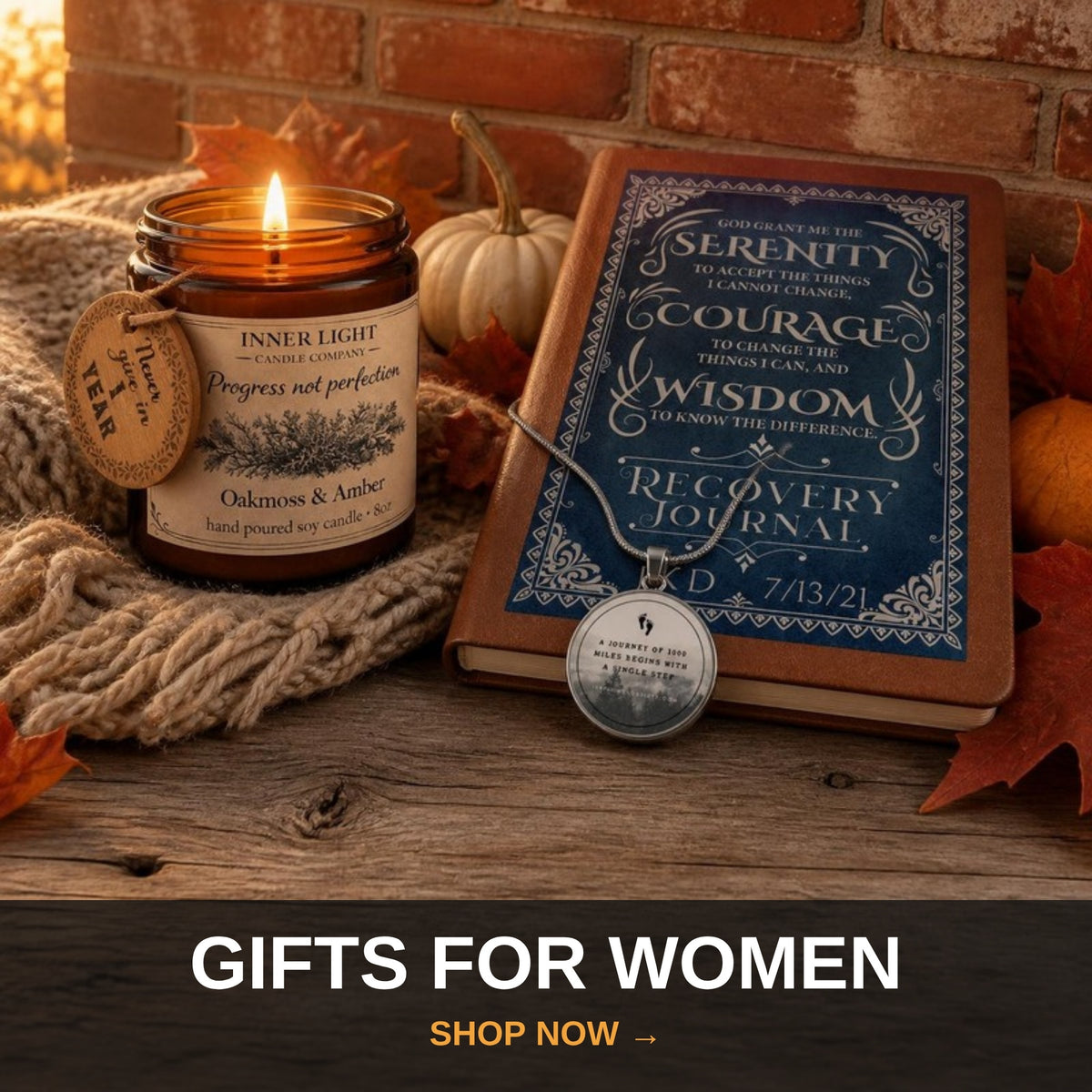 Recovery gifts for women - Progress Not Perfection candle, Serenity Prayer journal and Journey of 1000 Miles pendant with fall leaves
