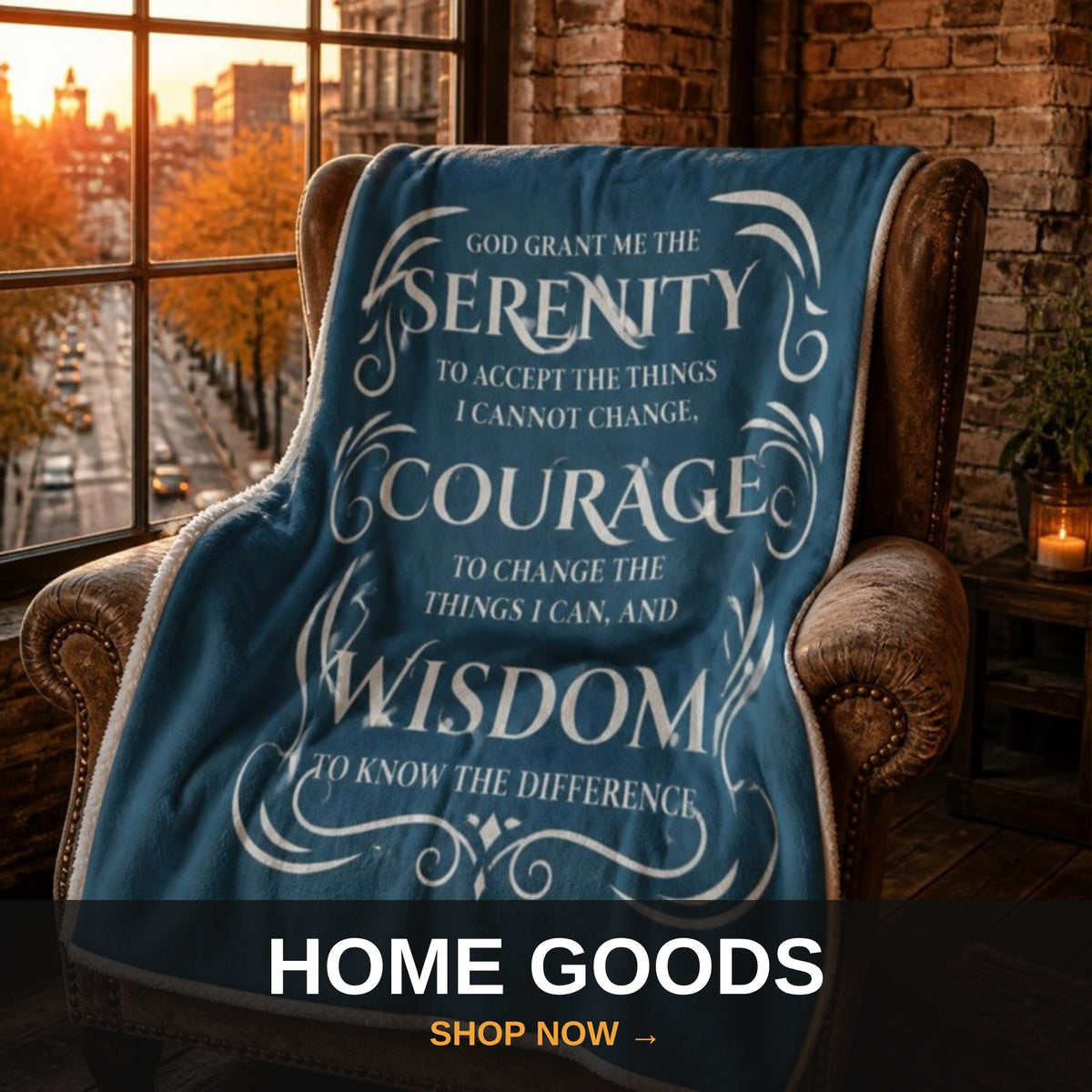 Recovery home goods - Serenity Prayer throw blanket in a brick loft at fall sunset