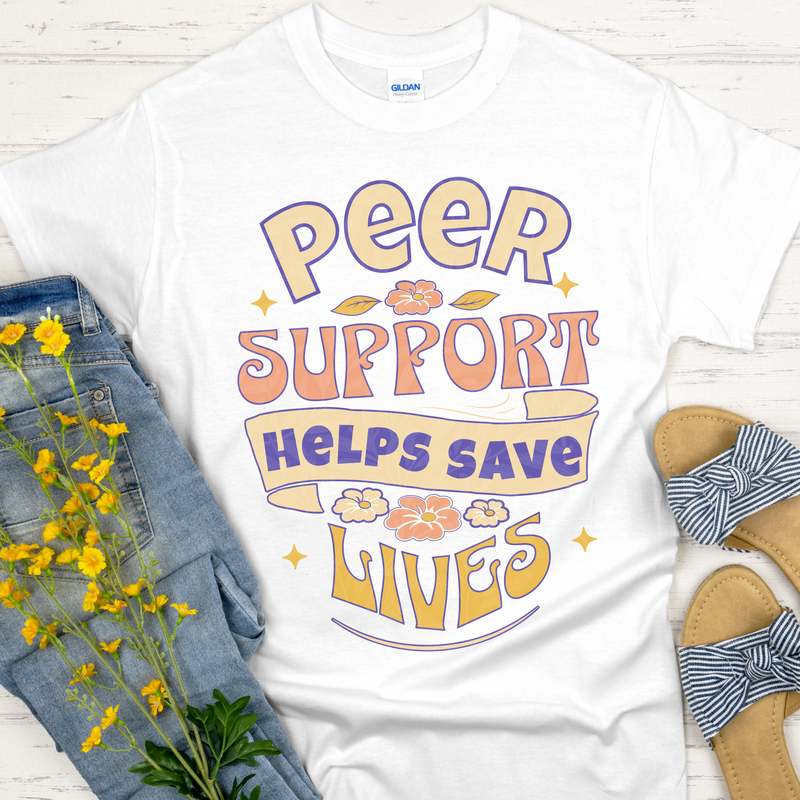 white Recovery T-Shirt | Inspiring Sobriety |  Peer Support Saves Lives (Retro)