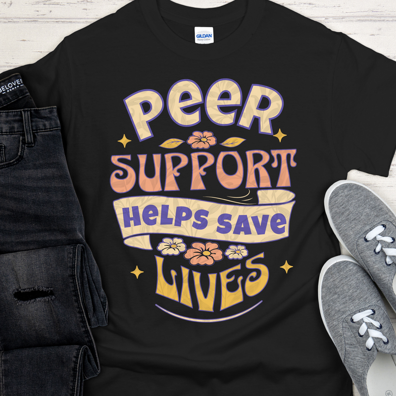 black Recovery T-Shirt | Inspiring Sobriety |  Peer Support Saves Lives (Retro)
