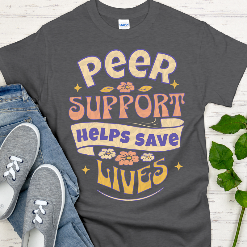 gray Recovery T-Shirt | Inspiring Sobriety |  Peer Support Saves Lives (Retro)