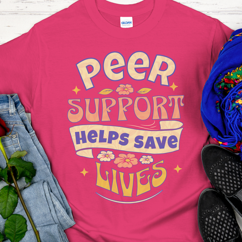 hot pink Recovery T-Shirt | Inspiring Sobriety |  Peer Support Saves Lives (Retro)