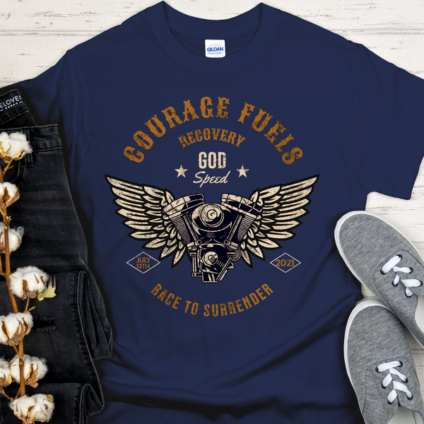 navy Custom Recovery T-Shirt | Inspiring Sobriety | Courage Fuels Recovery