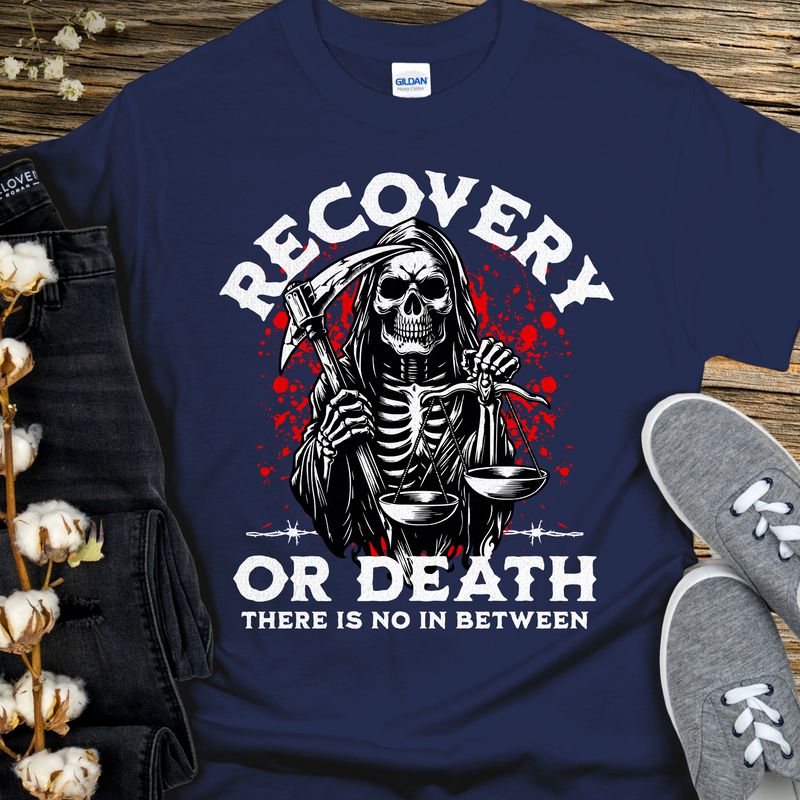 navy blue Recovery T-Shirt | Inspiring Sobriety |  Recovery Or Death (Grim Reaper)