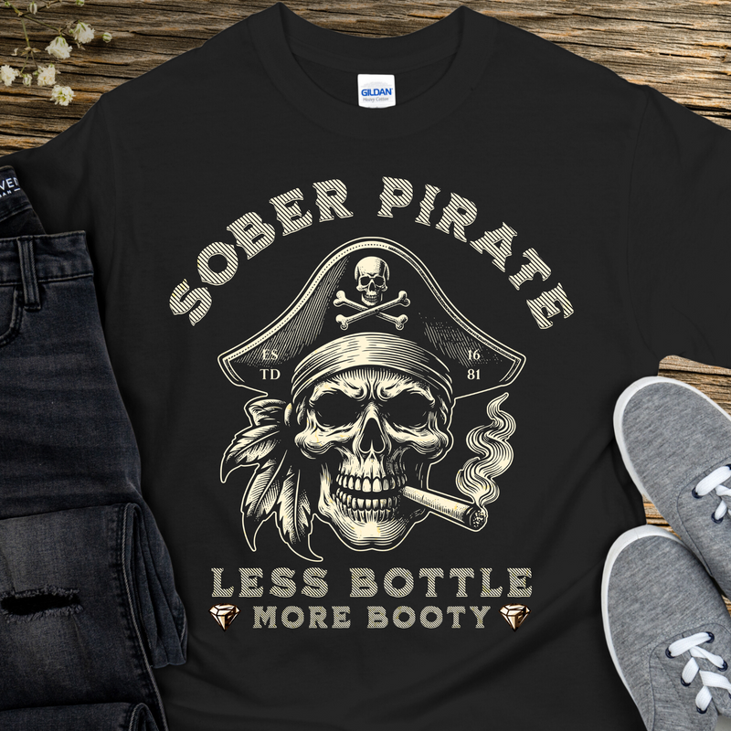 black Custom Recovery T-Shirt | Inspiring Sobriety |   Sober Pirate - Less Bottle More Booty