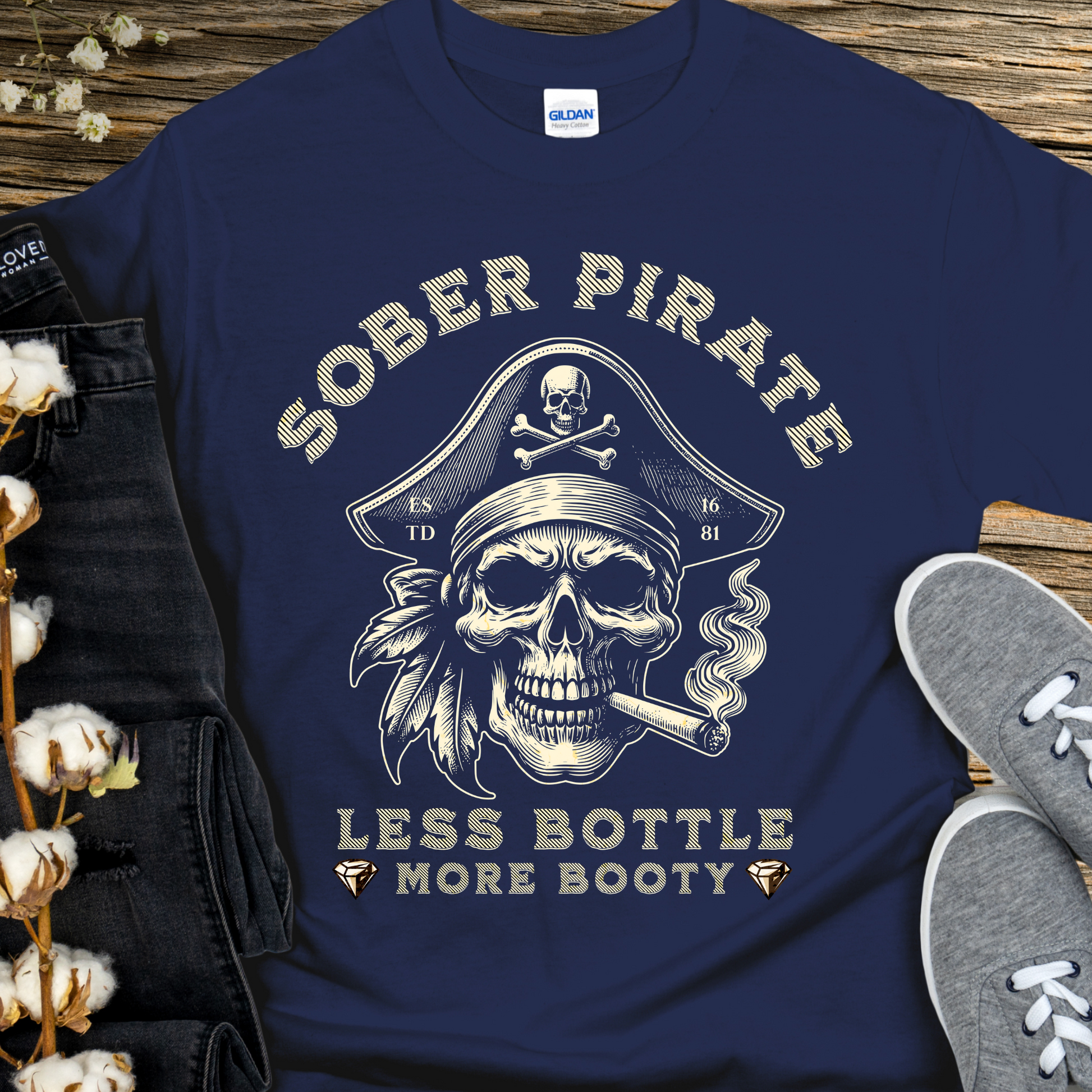 navy blue Custom Recovery T-Shirt | Inspiring Sobriety |   Sober Pirate - Less Bottle More Booty