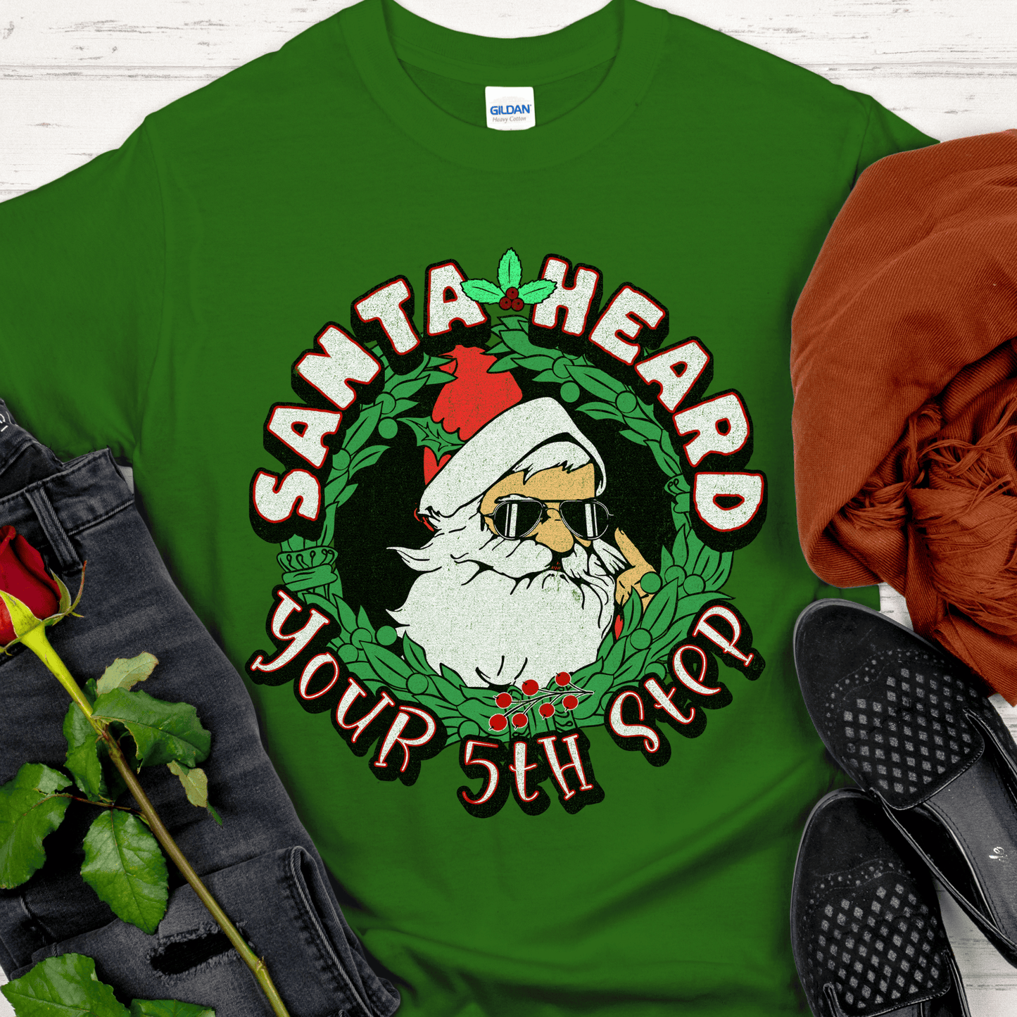 Christmas Recovery T-Shirt | Inspiring Sobriety |  Santa Heard Your 5th Step