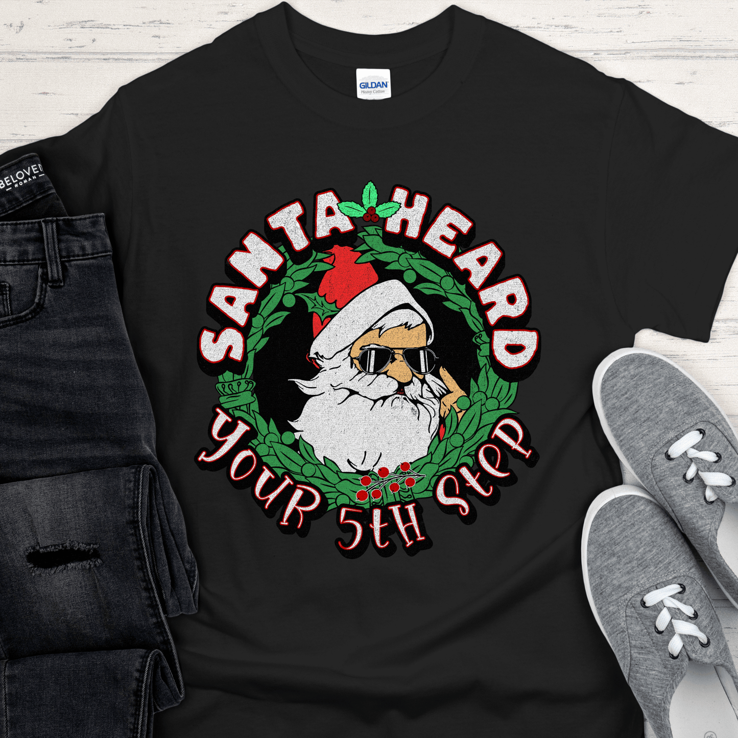 Christmas Recovery T-Shirt | Inspiring Sobriety |  Santa Heard Your 5th Step