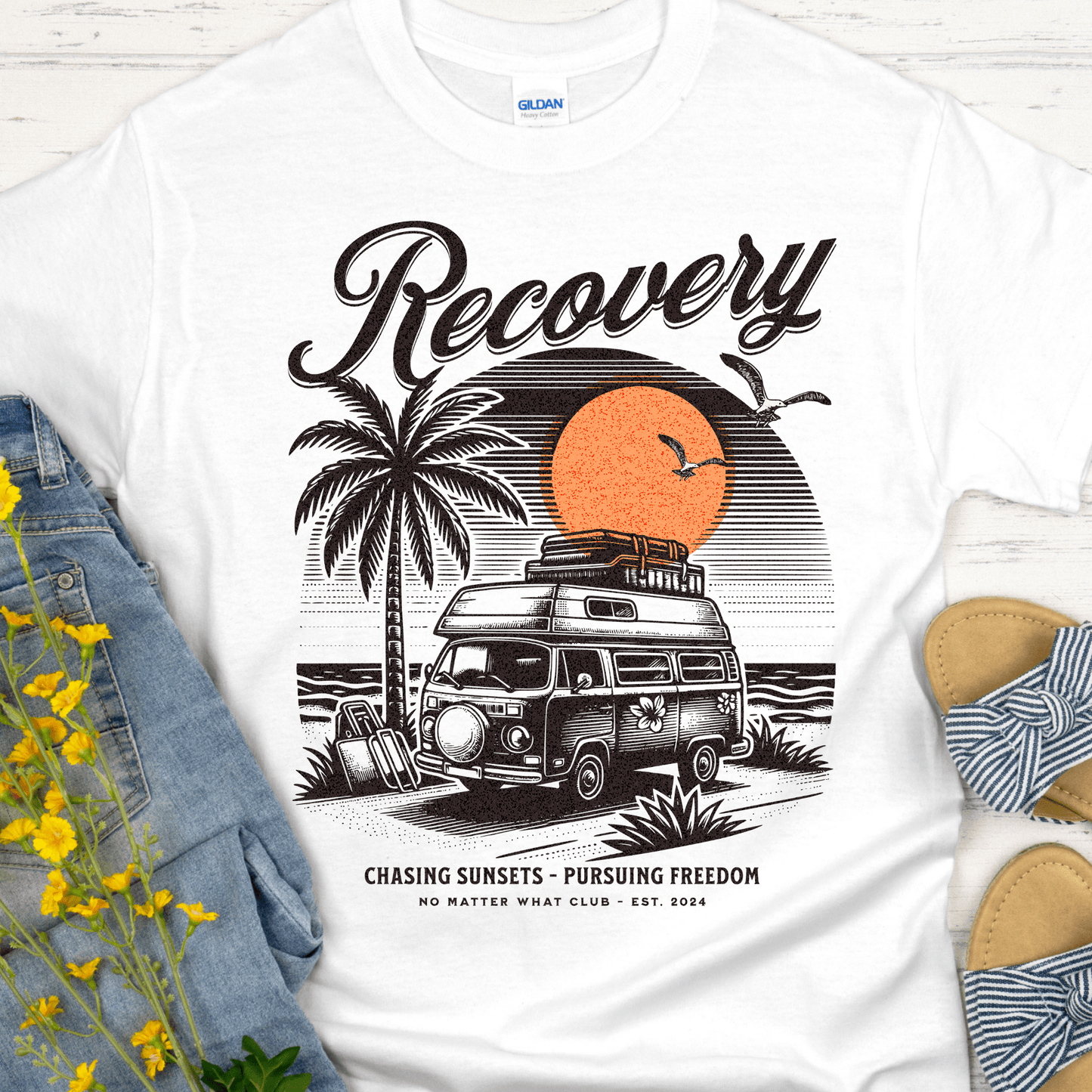 Custom Recovery T-Shirt | Inspiring Sobriety |  Chasing Sunsets, Pursuing Freedom