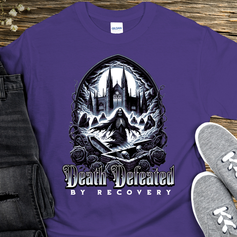 purple Recovery T-Shirt | Inspiring Sobriety |  Death Defeated By Recovery