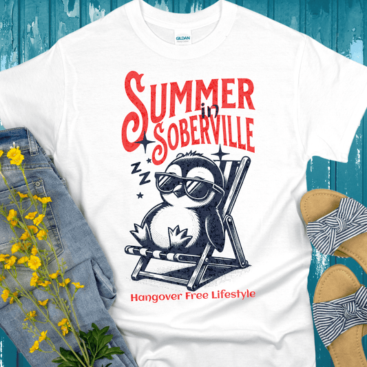Recovery T-Shirt | Inspiring Sobriety |  Summer in Soberville Penguin