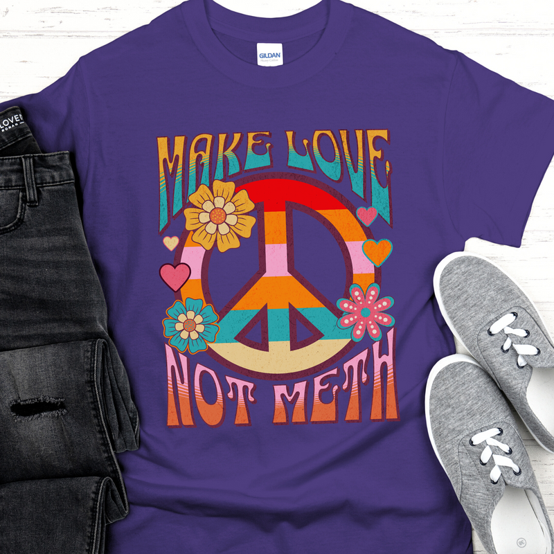 purple Recovery T-Shirt | Inspiring Sobriety |  Make Love Not Meth (Retro)