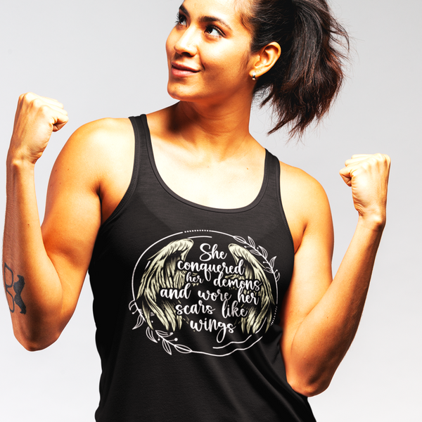 Womens Recovery Tank | Inspiring Sobriety |  She Conquered Her Demons and wore her scars like wings