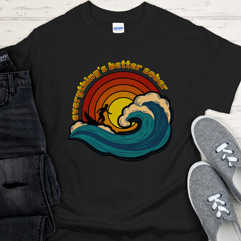 black sober surfing Recovery Unisex T-Shirt | Inspiring Sobriety |  Sober Surfer Sunset