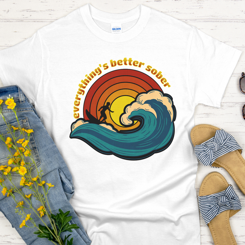 white sober surfing Recovery Unisex T-Shirt | Inspiring Sobriety |  Sober Surfer Sunset