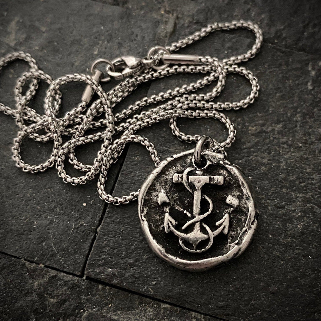 Wax Seal Nautical Anchor Necklace, Pewter and Stainless Steel Men's Unisex Ship Sea Jewelry, 20 or 24 Inch Chain, ST-034