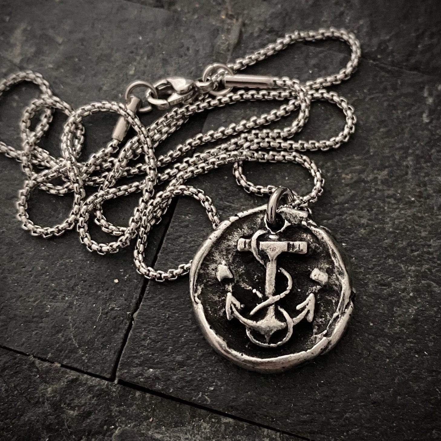 Wax Seal Nautical Anchor Necklace, Pewter and Stainless Steel Men's Unisex Ship Sea Jewelry, 20 or 24 Inch Chain, ST-034