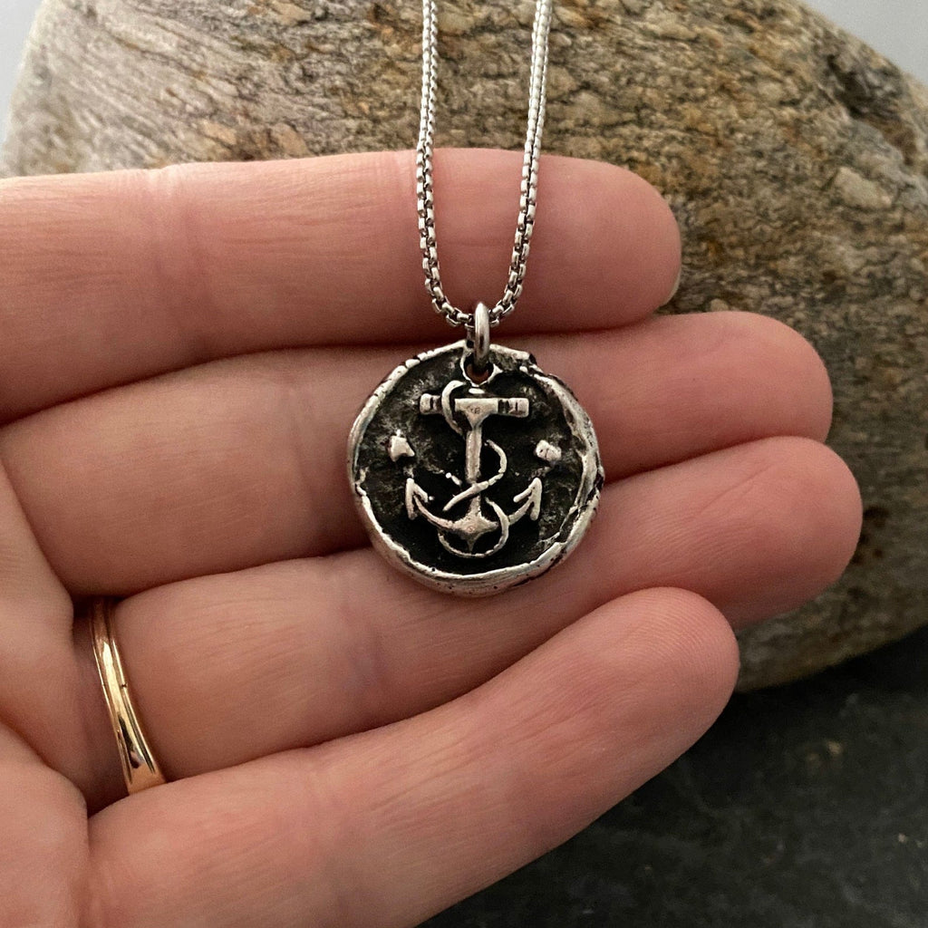 Wax Seal Nautical Anchor Necklace, Pewter and Stainless Steel Men's Unisex Ship Sea Jewelry, 20 or 24 Inch Chain, ST-034