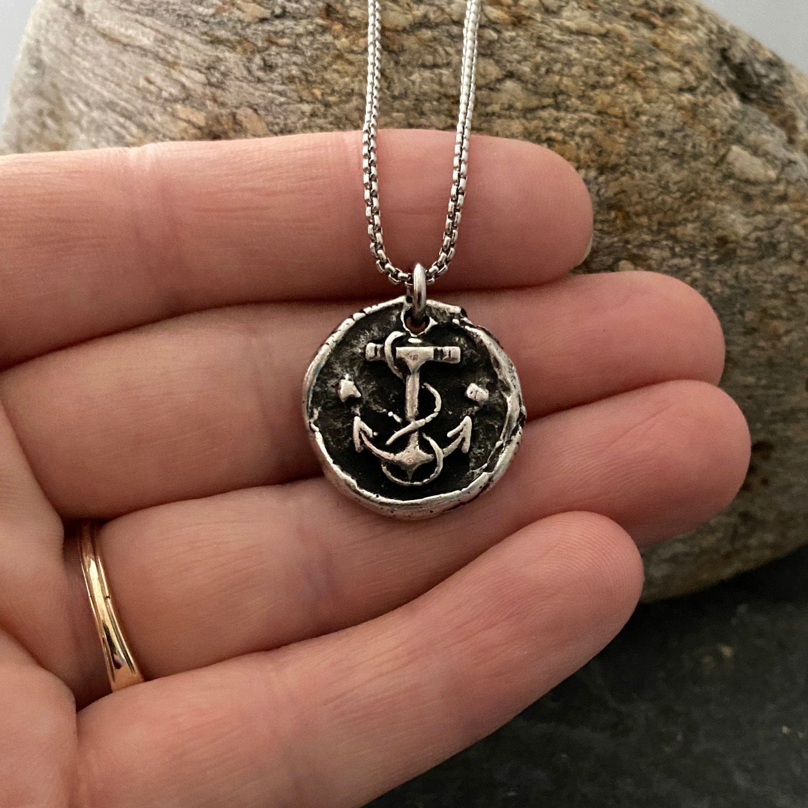 Wax Seal Nautical Anchor Necklace, Pewter and Stainless Steel Men's Unisex Ship Sea Jewelry, 20 or 24 Inch Chain, ST-034