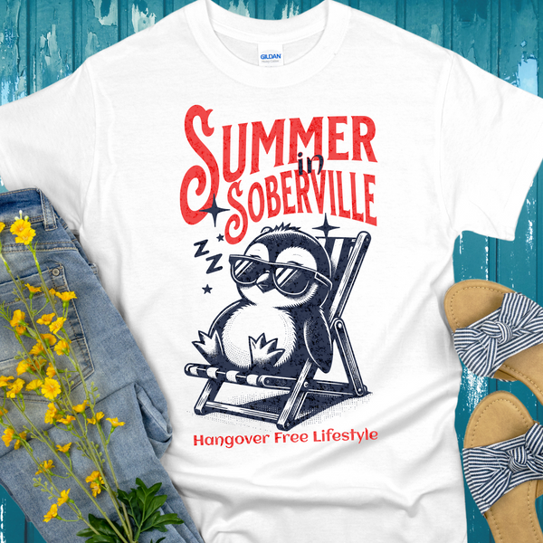 white Recovery T-Shirt | Inspiring Sobriety |  Summer in Soberville Penguin