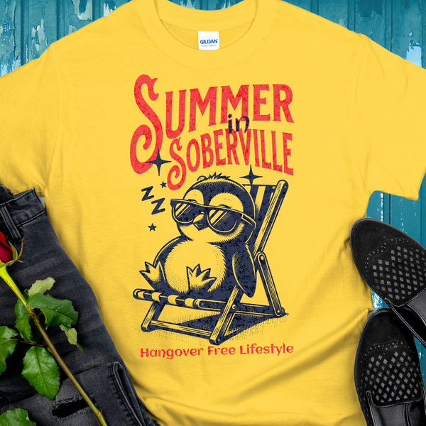 yellow Recovery T-Shirt | Inspiring Sobriety |  Summer in Soberville Penguin