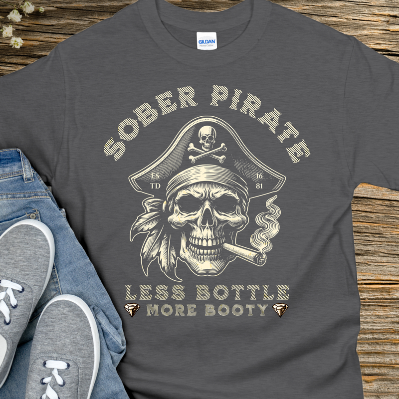 gray Custom Recovery T-Shirt | Inspiring Sobriety |   Sober Pirate - Less Bottle More Booty