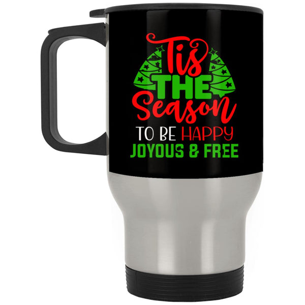 black christmas addiction recovery stainless steel travel coffee mug  tis the season to be happy joyous and free