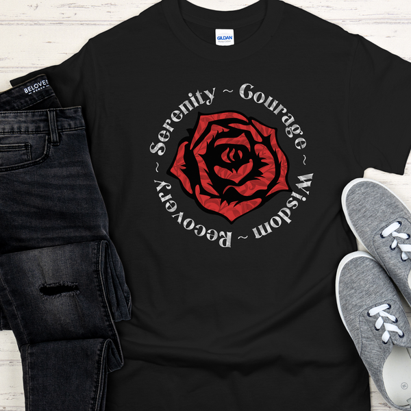 Recovery Unisex T-Shirt | Inspiring Sobriety | Serenity Prayer Rose