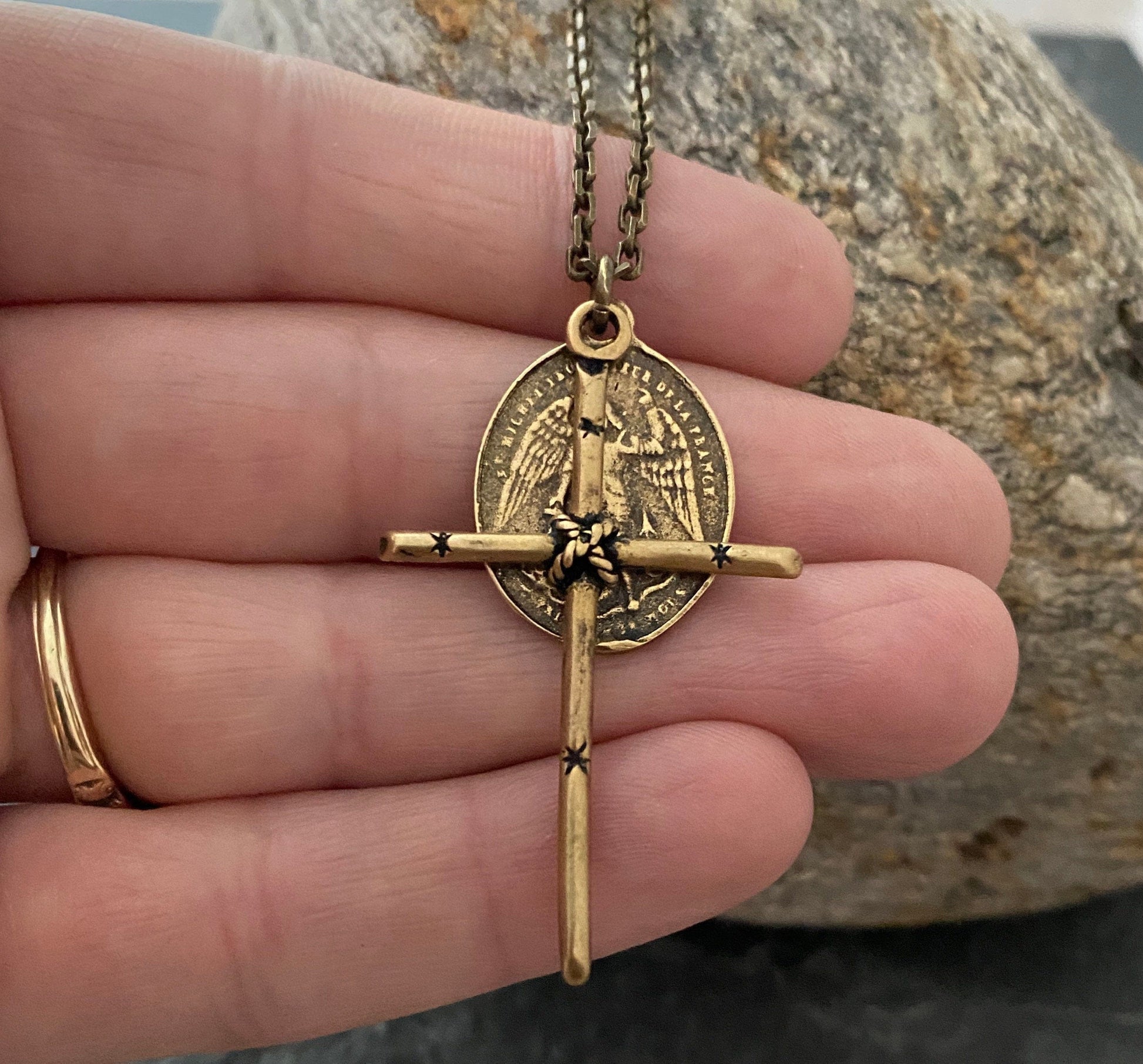 Antiqued Bronze Dual Cross and St Michael Pendant | Inspiring Sobriety