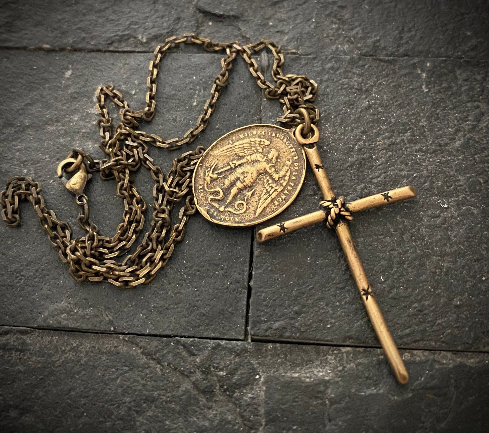 Antiqued Bronze Dual Cross and St Michael Pendant | Inspiring Sobriety