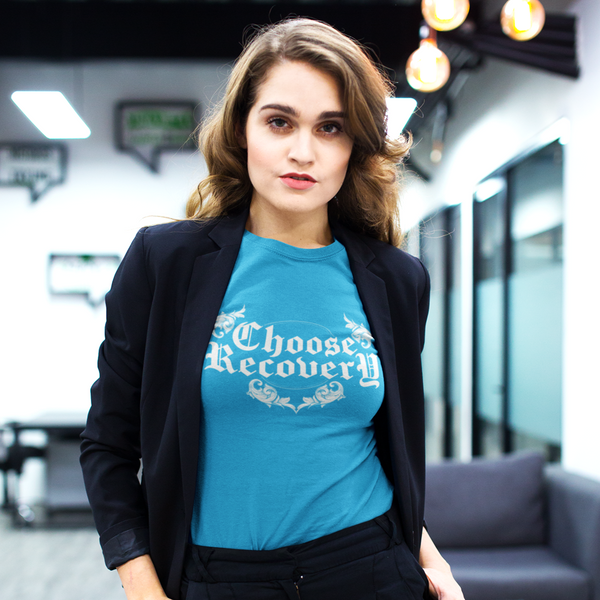 turquoise blue womens addiction recovery t-shirt by inspiring sobriety choose recovery