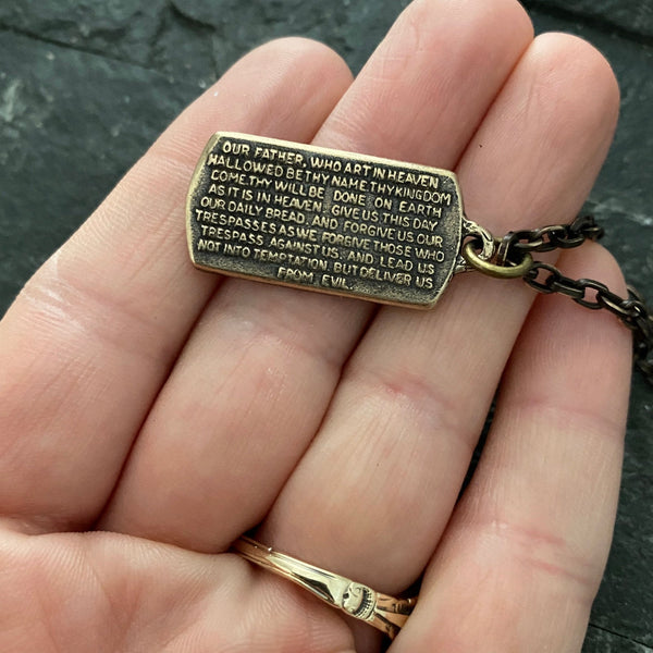 Bronze "The Lord's Prayer" and Ancient Cross Pendant w/ Brass Necklace | Inspiring Sobriety