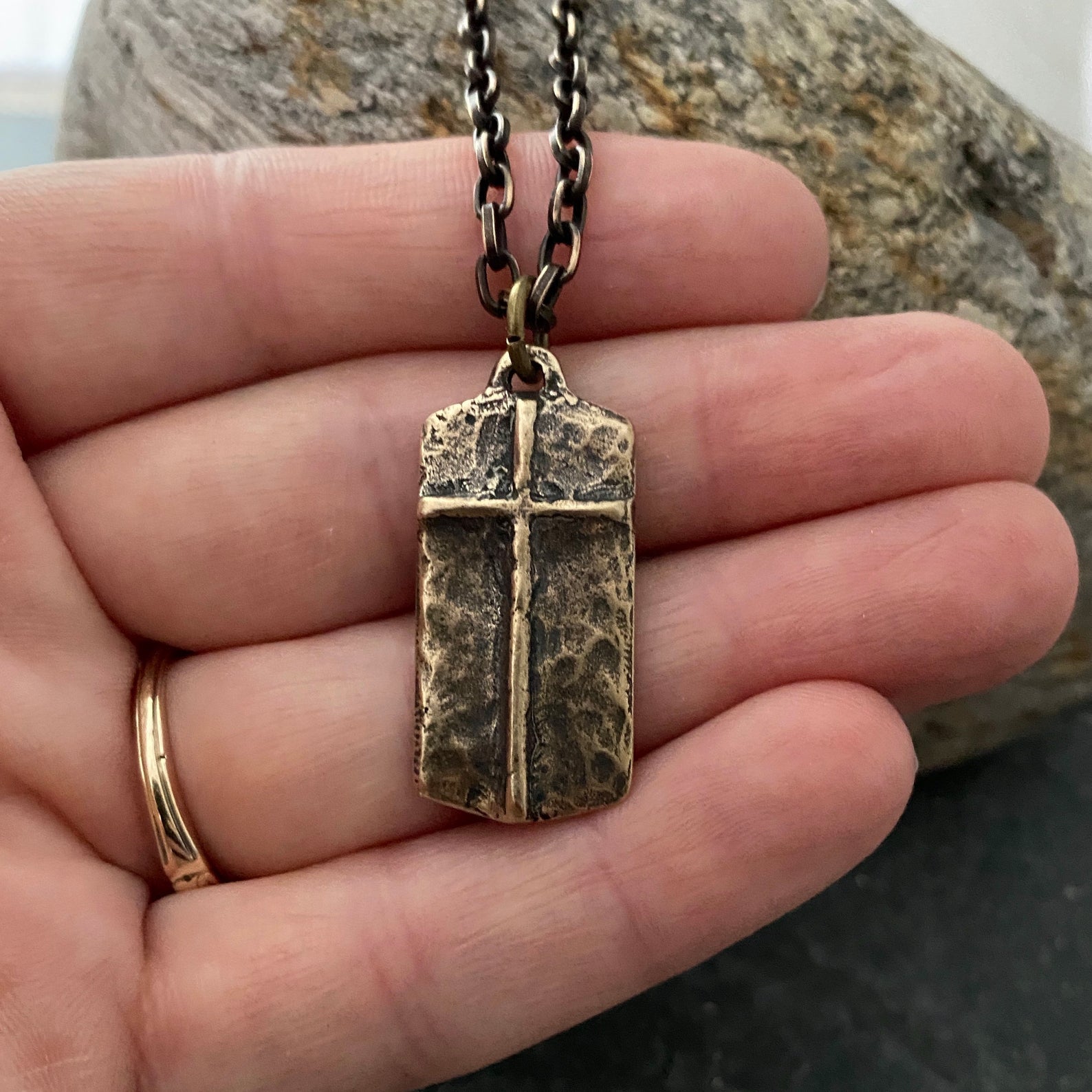 Bronze "The Lord's Prayer" and Ancient Cross Pendant w/ Brass Necklace | Inspiring Sobriety